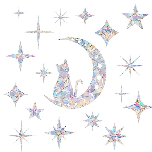 Shawula Cat Moon and 54PCS Star Window Clings - Anti-Collision Decals to Save Birds, Non-Adhesive Prismatic Vinyl Clings (Rainbow Stickers)