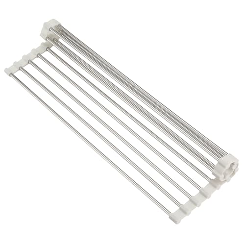 GENIYA Roll Up Dish Drying Rack, Over Sink Multipurpose Rack, 17.6" x 9.3" Stainless Steel Foldable Dish Drainer, White