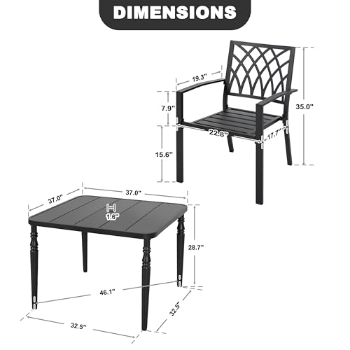 NUU GARDEN 5-Piece Metal Dining Set, 4 Stackable Wide Seat Chairs with 37\" Square Table Umbrella Hole, All-Weather Patio Furniture for Backyard Balcony Poolside Lawn Garden,Black - Thumbnail 2
