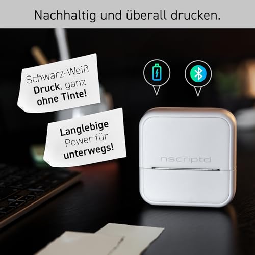 nscriptd Mini Drucker [2025 Modell] - Inkl. Lightning Kabel & Netzteil - Kompatibel mit iPhone - 2 Jahre Garantie - Mobiler Etikettendrucker Bluetooth - Leise & Schnell - Für Schule, Büro, Haushalt.