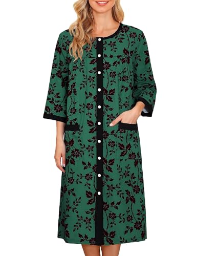 Image of Bloggerlove House Dress Women Cotton Snap Front Nightgown 3 /4 Sleeve Housecoat Duster Robe with Pockets Moomoo Patio Dress