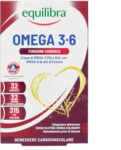 Equilibra Omega 3 6, Integratore Olio di Pesce con EPA e DHA per la Normale Funzione Cardiaca, Cerebrale e Visiva, con Omega 6 da Olio di Enotera e Vitamina E, 32 Capsule