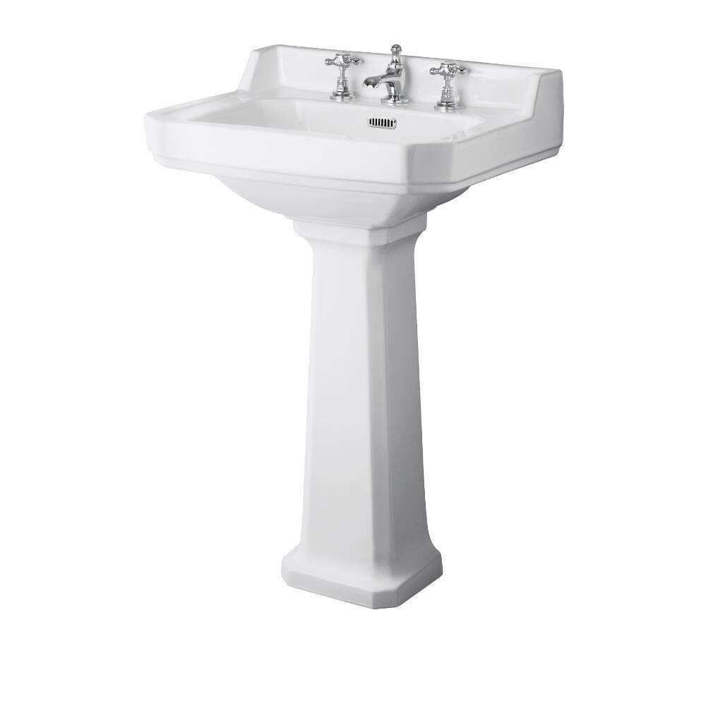 Milano White Richmond Comfort Height Full Pedestal 3 Tap Hole Bathroom Basin Sink - 560Mm X 450Mm