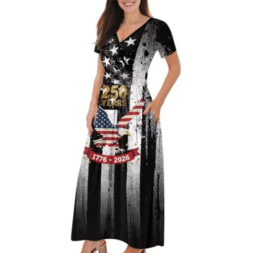 Image of Women's Fall Summer Short Sleeve Ankle Length V-Neck Party Dress with Pockets Size S-3XL