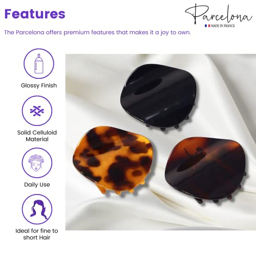 Parcelona French Onde Tortoise Shell Black And Savana Small 2” Celluloid Set Of 3 Round Side Slide In Secure Grip Hair Claw For Women And Girls #TOP1