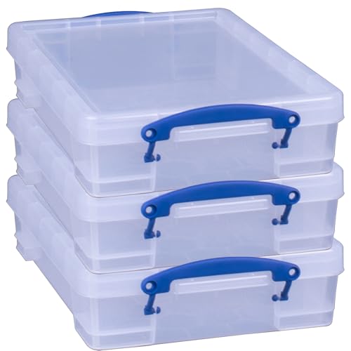 Really Useful Box 4 Liter Plastic Stackable Storage Container w/Snap Lid & Built-In Clip Lock Handles for Home & Office Organization, Clear (3 Pack)