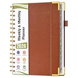 2026 Planner, Hardcover Leather Weekly and Monthly Planner, January 2026 - December 2026, Spiral Yearly Agenda Organizer Book 2026 with Tabs, Daily Calendar Planners for School Work Home, A5 (5.75' x 8.38'), Brown