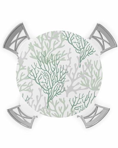 Image of SODIKA Waterproof Round Table Cloths 60 inch Elastic Fitted Outdoor Picnic Patio Tablecloth Vinyl Table Cover Protector - Nautical Theme Coral Teal, Oceansoa46587, FBMSZBE-20240503
