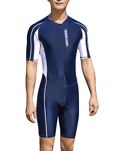 YOUCAI Men Adult Professional One-Piece Training Swimsuit Short Sleeve Round Neck Contrast Surf Suit Swimwear Legsuit Plus Size Bodysuit Shorty Wetsuit Navy M