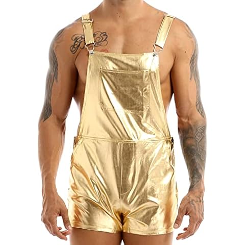 Linjinx Men's Shiny Metallic Adjustable Wide Shoulder Straps Bib Overall Dungarees Suspender Shorts Gold M Cover