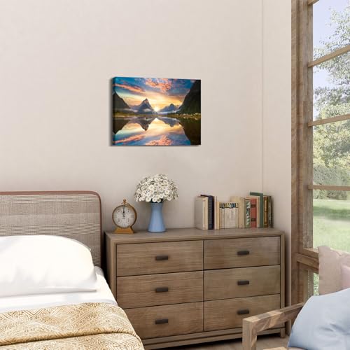 Image of Nature Mountain Canvas Wall Art Sunrise Forest Picture Wall Decor Lake Reflection Scenery Paintings Prints, Mountains Poster Photography Artwork for Office Living Room Bedroom Home Decoration 12x16 inch