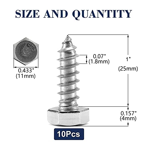 Image of 1 /4 inch x 1 inch Hex Head Lag Screws Bolts 10Pcs 304 Stainless Steel 18-8, Partial Thread, Hexagon Head Wood Screws by SG TZH
