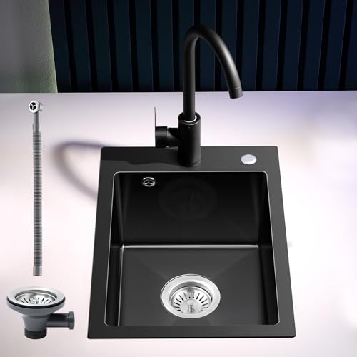 ROVOGO 50 x 35 cm Evier Cuisine en Acier Inox Noir, Kit de Vidage d'évier de Cuisine avec Trop-plein, Évier de Cuisine avec Trous pour Robinet et Distributeur de Savon, Lavabo Cuisine 1 Bac