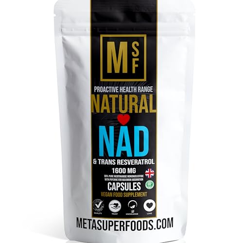NAD and Trans Resveratrol | 99% Super Strength Anti Ageing | (1600mg) Serving | 60 High Strength Capsules NAD+ | Vegan with Piperine Max Absorption