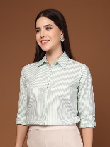 Image of Style Quotient Women Gray and White Cotton Stripe Smart Casual Shirt