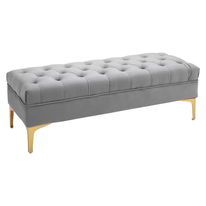 Image of Modern Velvet Tufted Ottoman Upholstered | Upholstered Long Ottoman for Bedroom, Living Room, Entryway & End of Bed Seating | Luxury Accent Furniture, Padded Cushion Seat| Grey