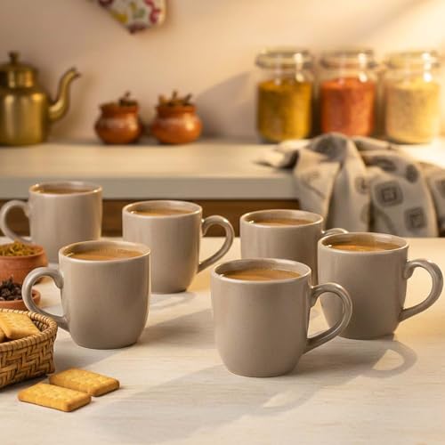 Image of The Earth Store Beige Cylus Ceramic Tea Cup Set of 6 for Tea | 190ML Each | Microwave & Dishwasher Safe | Perfect for Every Occasion Chai | Coffee Cups for Home, Office, Gifting & Daily Use