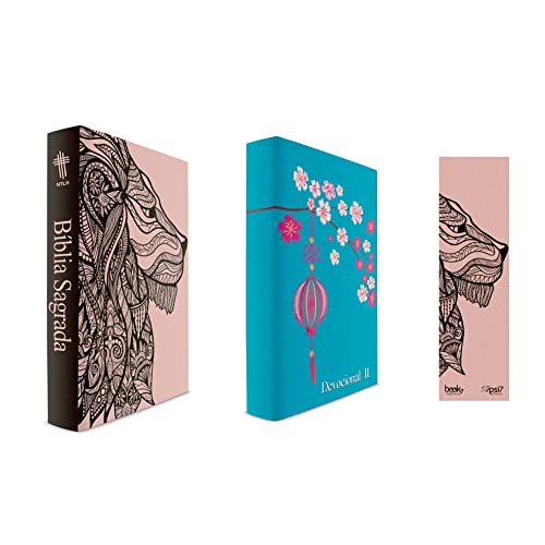 Kit leão rosa – bíblia capa dura ntlh + devocional ii capa azul claro + marca página:
