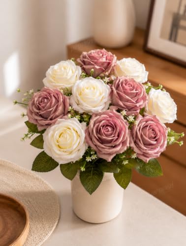 Image of Divyakosh Artificial Rose Flower Bouquet, 10 Roses (5 Dusty Mauve & 5 Ivory White) with Green Leave, Faux Floral Arrangement for Living Room, Bedroom, Office, Wedding & Home Decor (Vase Not Included)