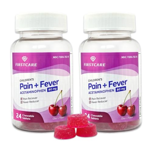 Image of FirstCare Children's Pain Reliever & Fever Reducer, Gummy-Like Soft Chewable Tablets, Easy-to-Take Acetaminophen 80 mg for Kids Ages 2-11, Cherry Flavor, 24 Count (Pack of 2)