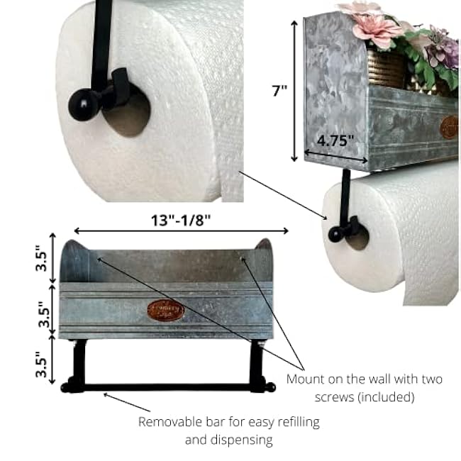Rustic Paper Towel Holder Wall Mount - Farmhouse Kitchen Towel Holder with Spice Rack - Galvanized Bathroom Paper Towel Holder - A Farmhouse Kitchen and Bathroom Wall Decor