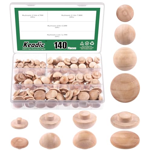 Image of Keadic 140Pcs 4 Sizes Wooden Hole Plugs Assortment Set, 3 /16 inch 5 /16 inch 3 /8 inch 1 /2 inch Wood Button Plugs Vivid Style Hardwood Hole Plugs Screw Holes Cover for Table Wooden Chair Cabinet Furniture