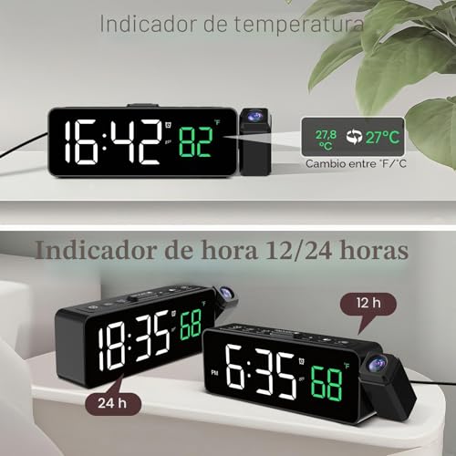 Miniatura 5 de Netzu Reloj Despertador Digital Con Proyector De 180 , Pantalla De Temperatura, Pantalla Led, 4 Niveles De Brillo, 3 Niveles De Volumen, Función Snooze De 9 Minutos, Formato 12 24h, Despertador Con