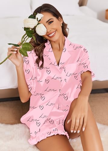 Image of Ekouaer Satin Pajama Set for Women 2 Piece Pj Sets Short Sleeve Sleepwear | Super Soft Silky Summer Loungewear Set with Ruffle Short Sleeve Top and Pocket Shorts, Casual Travel Daily Gift