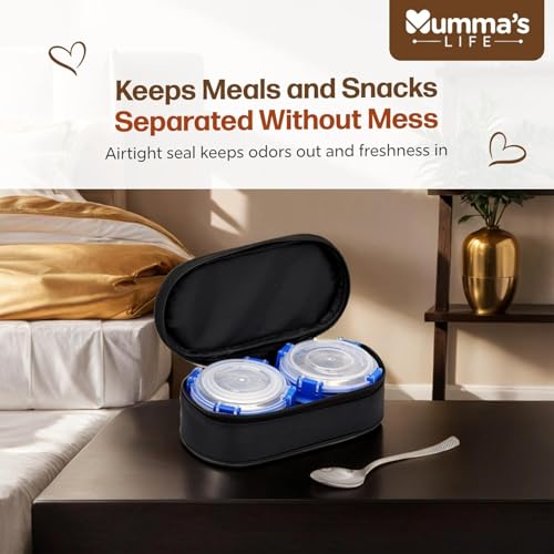 Image of Mumma's LIFE Stainless Steel Lunch Box with 3 Leakproof Air-Tight Stainless Steel Round Containers and Cover Bag | Stainless Steel & Spill Proof Lunch Box (Foodie 350ml X 2)
