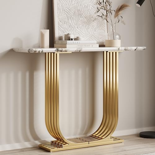 GDFStudio 43.3" Modern Console Table, Narrow Wooden Entryway Table with Imitation Marble Top and Gold Metal Base, Accent Sofa Table Behind Couch for Living Room Foyer Hallway, White+Gold
