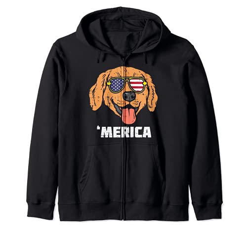 Merica Golden Retriever American USA 4th Of July Fourth Dog Zip Hoodie, Black