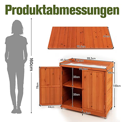 COSTWAY Gartenschrank Holz, Lagerschrank Garten, Holzschrank mit herausnehmbarem Regal, Stahl-Platte, Geräteschrank auf Rollen, Gerätehaus Geräteschuppen, Schuppen Schrank, 98,5x48x100cm – Bild 7