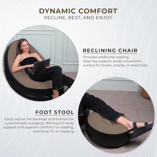 Image of 1-Seater Inflatable Recliner Sofa Chair & Ottoman Stool Set | Soft Velvet Flocked PVC Air Couch for Adults & Kids | Portable Blow Up Lazy Lounge Chair with Electric Air Pump