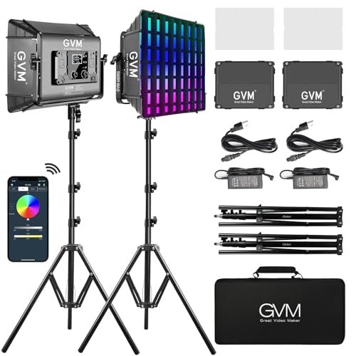 Image of GVM RGB Photography Lighting Kits with 2 Softboxes, 680RS 50W Studio Lights with Bluetooth Control, 2 Packs Video Light with 18 Lighting Scenes, led Panel Lights for Video Recording, 8500lux /0.5m