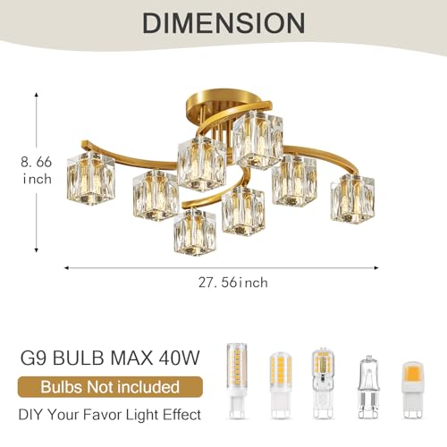 OKES Gold Semi Flush Mount Ceiling Light Fixture, 8-Light Modern Chandelier with K9 Crystal for Living Room, Bedroom, Kitchen，Entryway Light by OKES - Used condition - Image 7