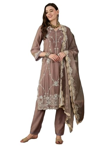 Costume indien femme brodé robe traditionnelle Salwar Kameez en Poly Chanderi 12077