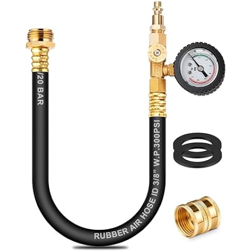 Dual Purpose RV Winterizing Kit with Pressure Gauge, 17Inch Hose Blow Out Fitting Adaptor 3/4" Male&Female GHT Quick Connect Blowout Plug for Winterizing RV, Camper, Travel Trailer, Garden Hose