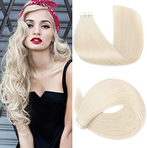 S-noilite 20Pcs Tape in Hair Extensions Human Hair Real Natural Remy Straight Seamless Skin Weft Hair Extensions for Women (12 Inch,#18/613 Ash Blonde Mix Bleach Blonde)