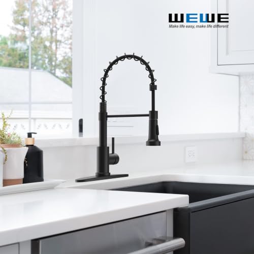 Image of WEWE Matte Black Kitchen Faucet with Pull Down Sprayer, Commercial Stainless Steel Spring Single Handle Single Hole Sink Faucet for Farmhouse, RV, Laundry and Utility Room