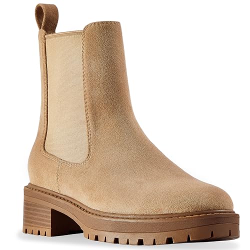 CosyFever Women's Tan Chelsea Boots Lug Sole Low Heel Pull On Ankle Booties