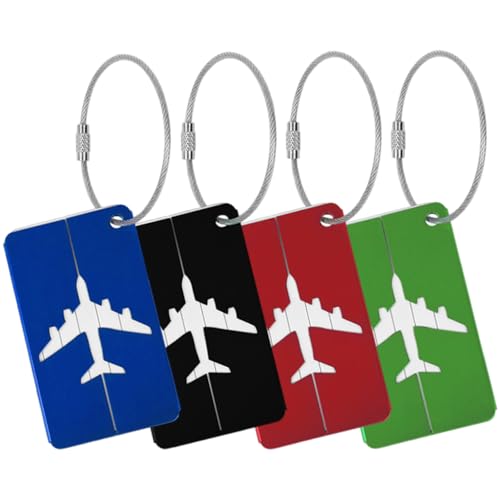 KINDOYO 4 etiquetas de bagagem com placa de direção, etiquetas de alumínio com cabo de aço inoxidável, etiquetas impermeáveis para nome, para mala de viagem, malas, mochilas, malas de