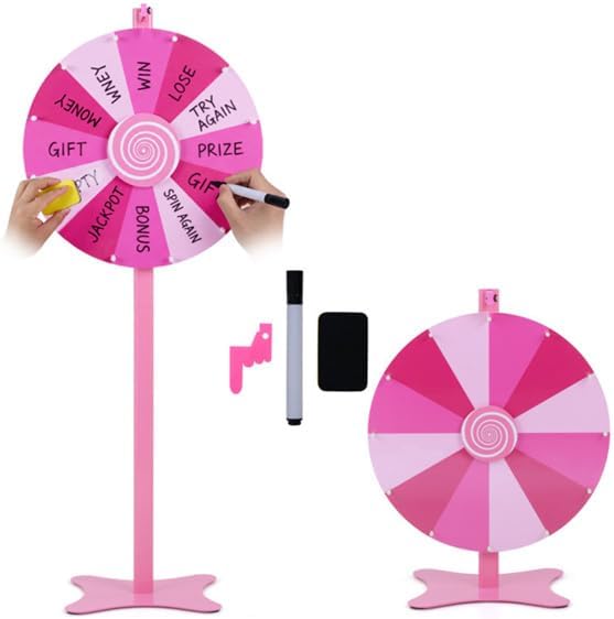24 Inch Height Adjustable Prize Wheel (Pink) – 2-in-1 Tabletop/Floor Standing Spinning Wheel with Smooth Spin, Write-Wipe Surface, Carnival Game Wheel