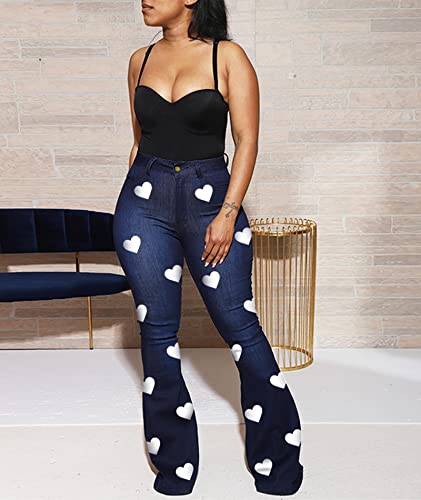 SEMATOMALA Women's Bodycon Denim Flared Leg Jeans Pants Heart Printed Color Contrast Slim Bell Bottom High Waist Trousers3