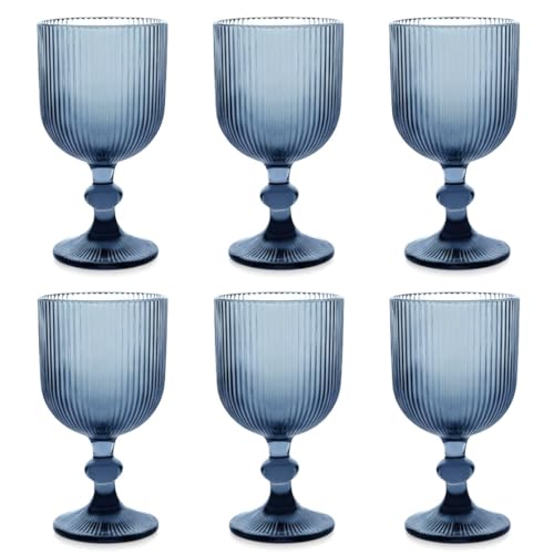 Lot de 6 verres à vin colorés vintage avec gaufrage (ligne/bleu/350 ml), verres de mariage, verres à champagne, carafe, coupe à dessert, verre à vin, verre à eau