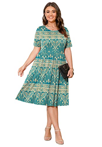 Image of POSESHE Womens Plus Size Summer Dress 2026 Casual Short Sleeve Empire Waist Loose Fit Swing T-Shirt Dress with Pockets