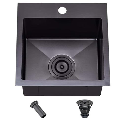 Image of SHACO 15x15 Drop In Black Bar Sink, 15 Inch Stainless Steel Top Mount Gunmetal Black 16 Gauge Single Bowl Small Kitchen Outdoor RV Sink with Strainer Drain