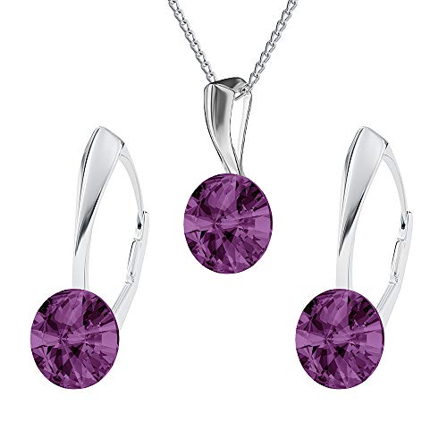 Juego de joyas de plata de ley 925 con cristales Rivoli - Pendientes para mujer - Collar con colgante - Joyas para mujer con caja de regalo (Amethyst) Cover