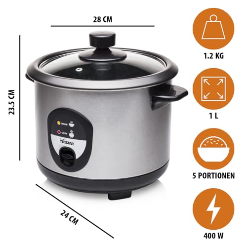 Tristar RK-6126 Reiskocher, 1L, Reis für bis zu 5 Personen ohne Anbrennen, Mit Warmhaltefunktion, 400W, Edelstahl
