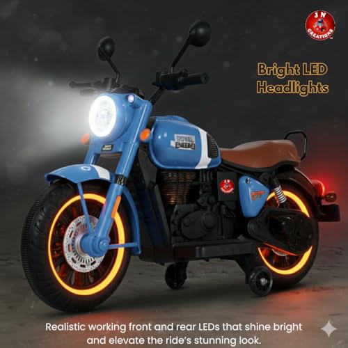 Image of BRoyal Enfield 12V Battery Operated Ride-On Classic-350 Bike for Kids | Rechargeable Electric Bike with LED Lights, Music & Horn | Ages 2-8 Years (Blue)