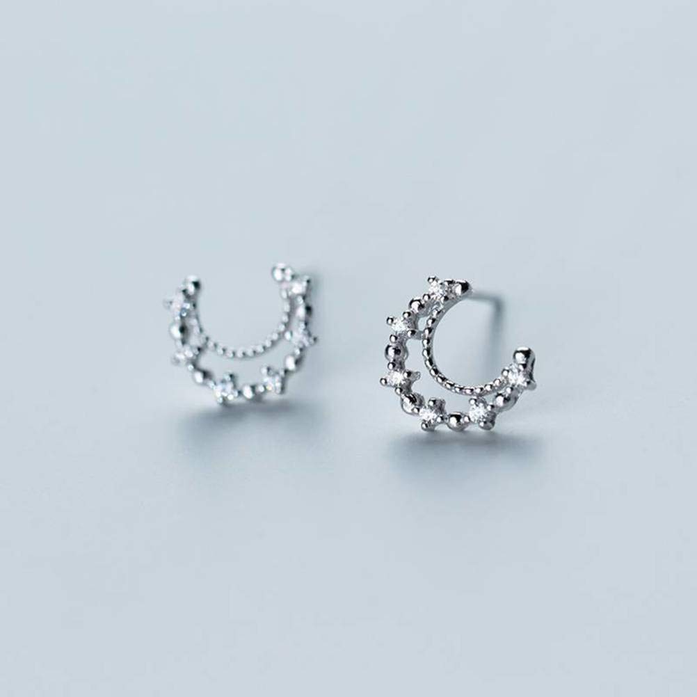 Boucles d'oreilles lune argent S925 diamant femme stud crescent oreads coréen